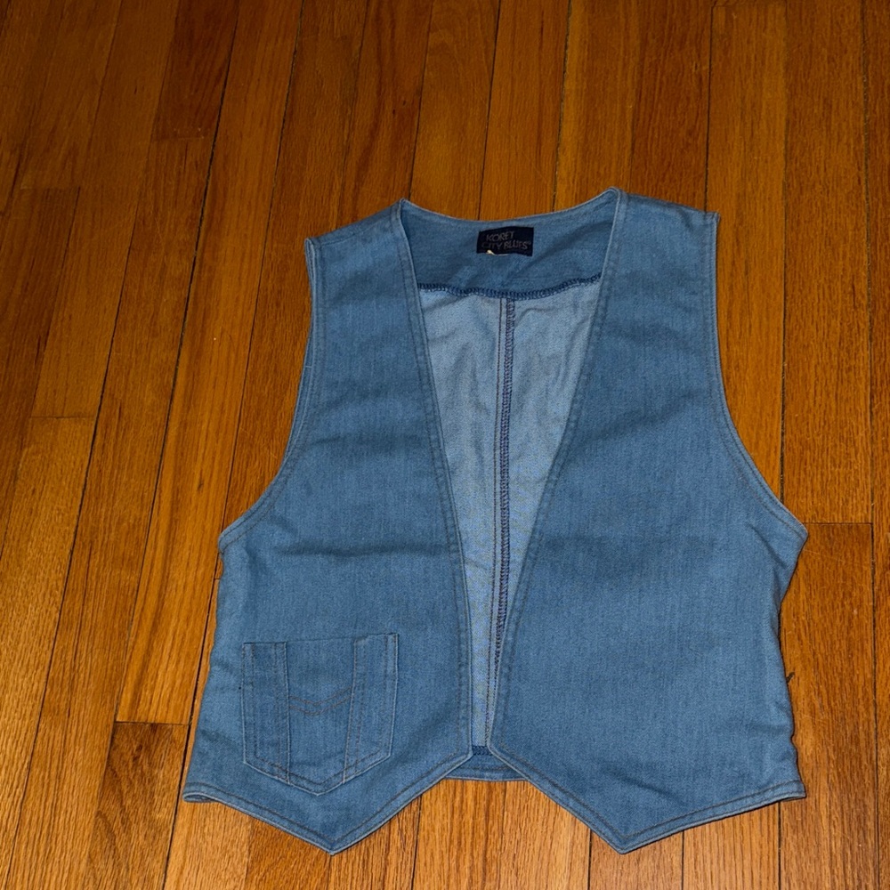 Vintage Blue Denim Vest Cropped Pocket